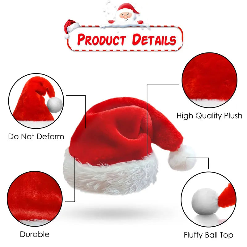 Christmas Santa Hat Plush Holiday Red Hat for Adults
