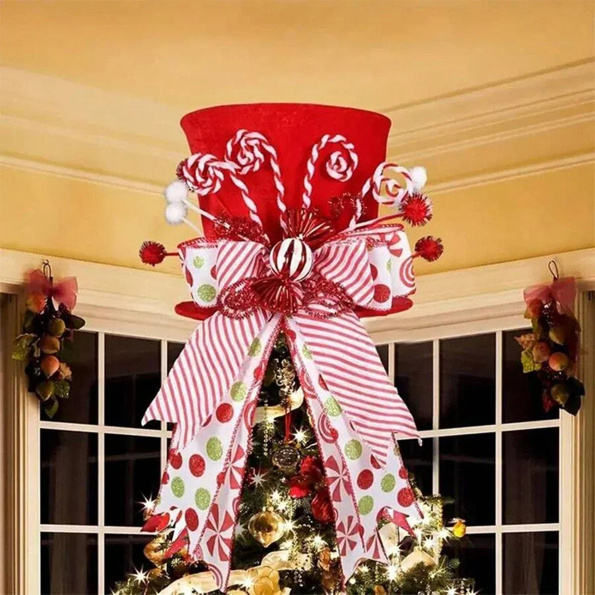 Christmas Tree Topper Hat with Bow Ribbon
