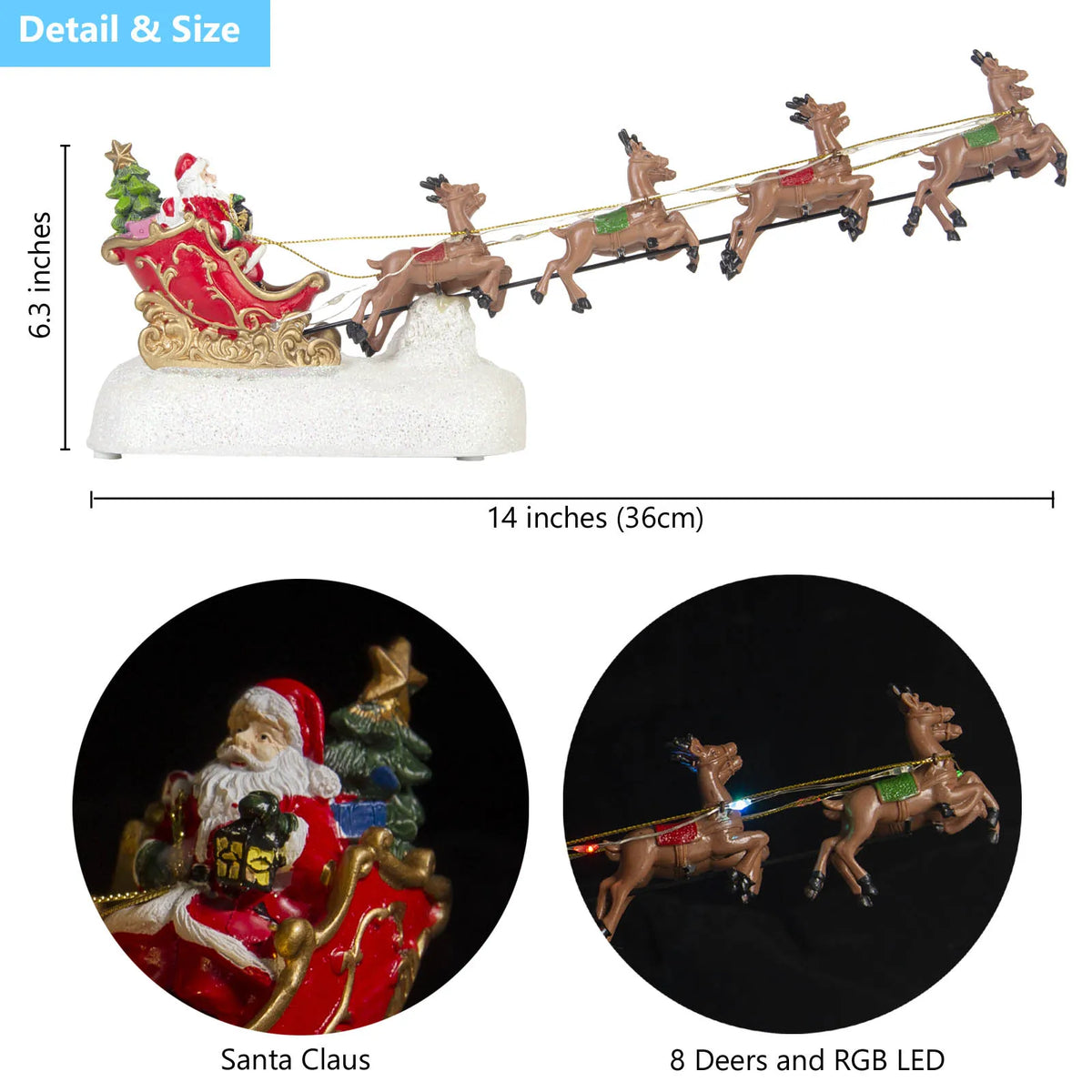 Christmas Village Decoration LED Santa's Sleigh and Reindeer Figurines