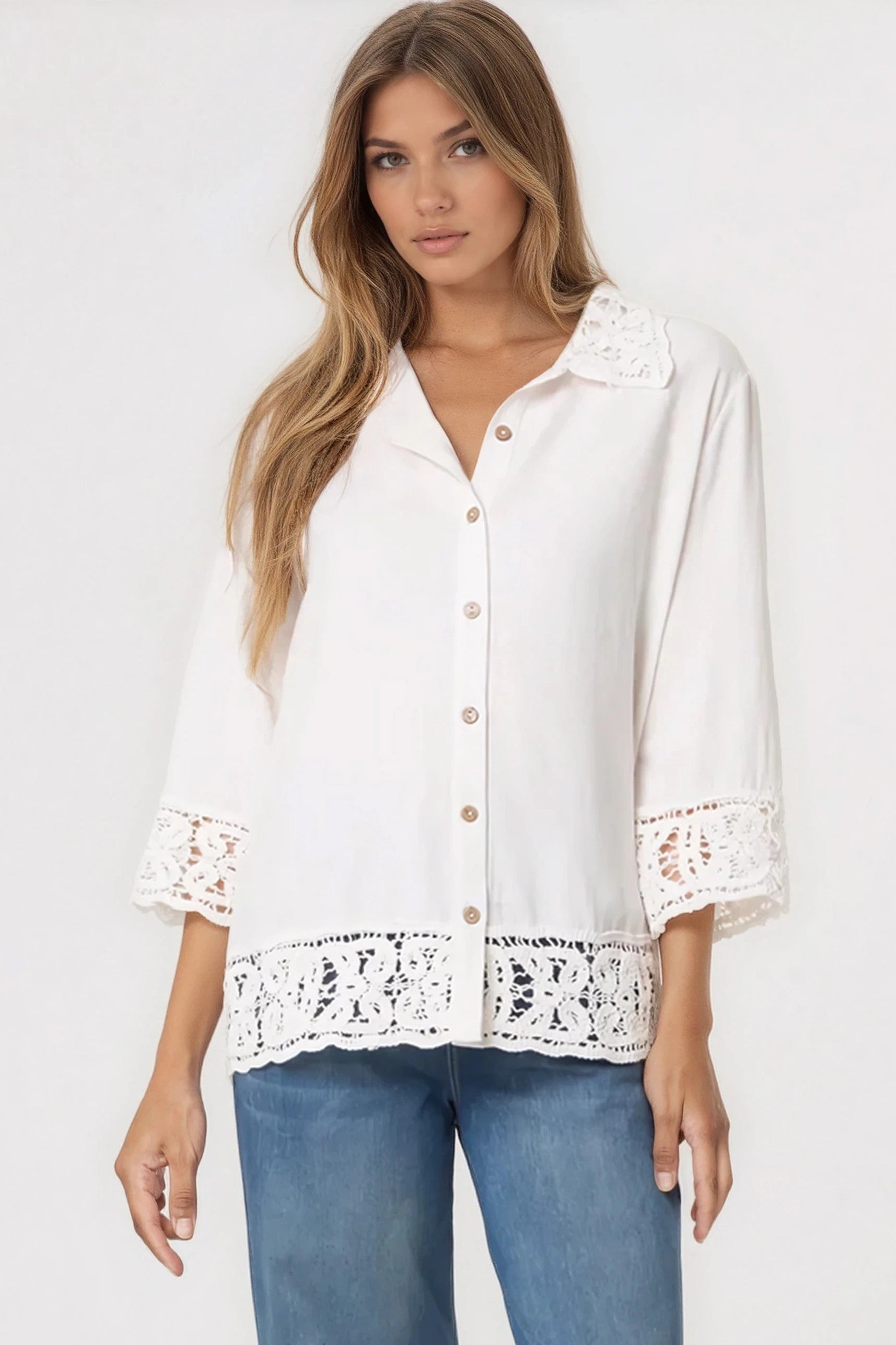 White Crochet Linen Blend Shirt-0