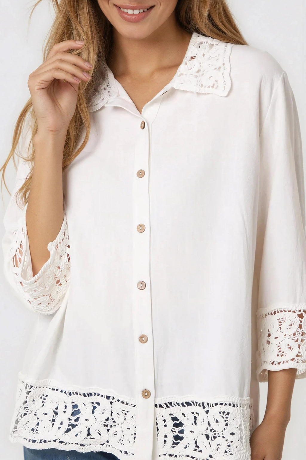 White Crochet Linen Blend Shirt-1