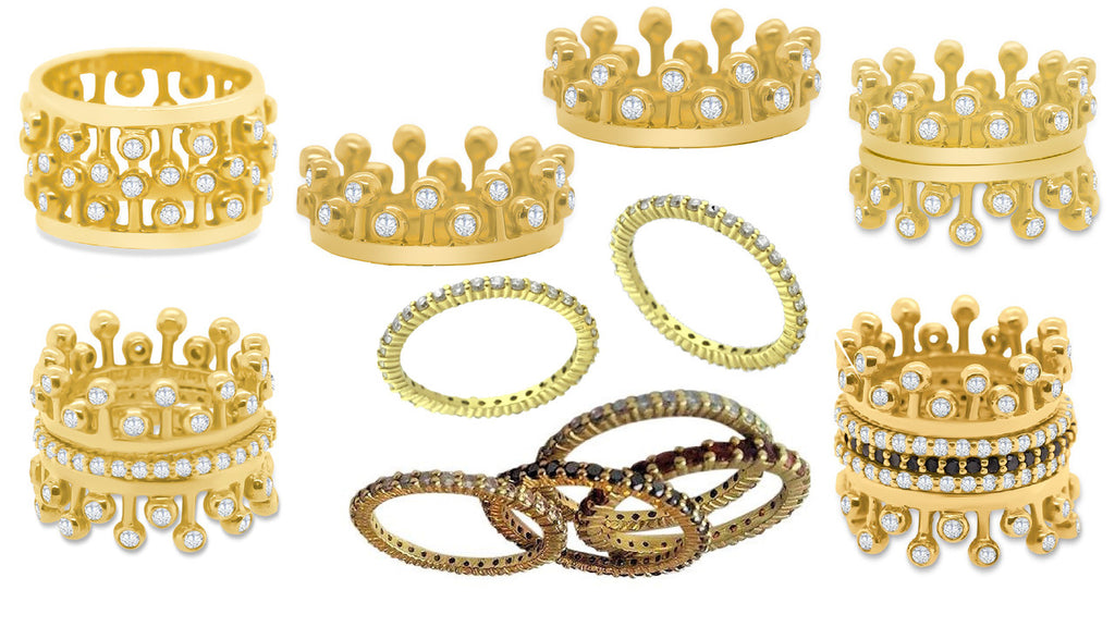 Crown Ring: Fullest Diamond Double Stack Set of Two: 14K Gold