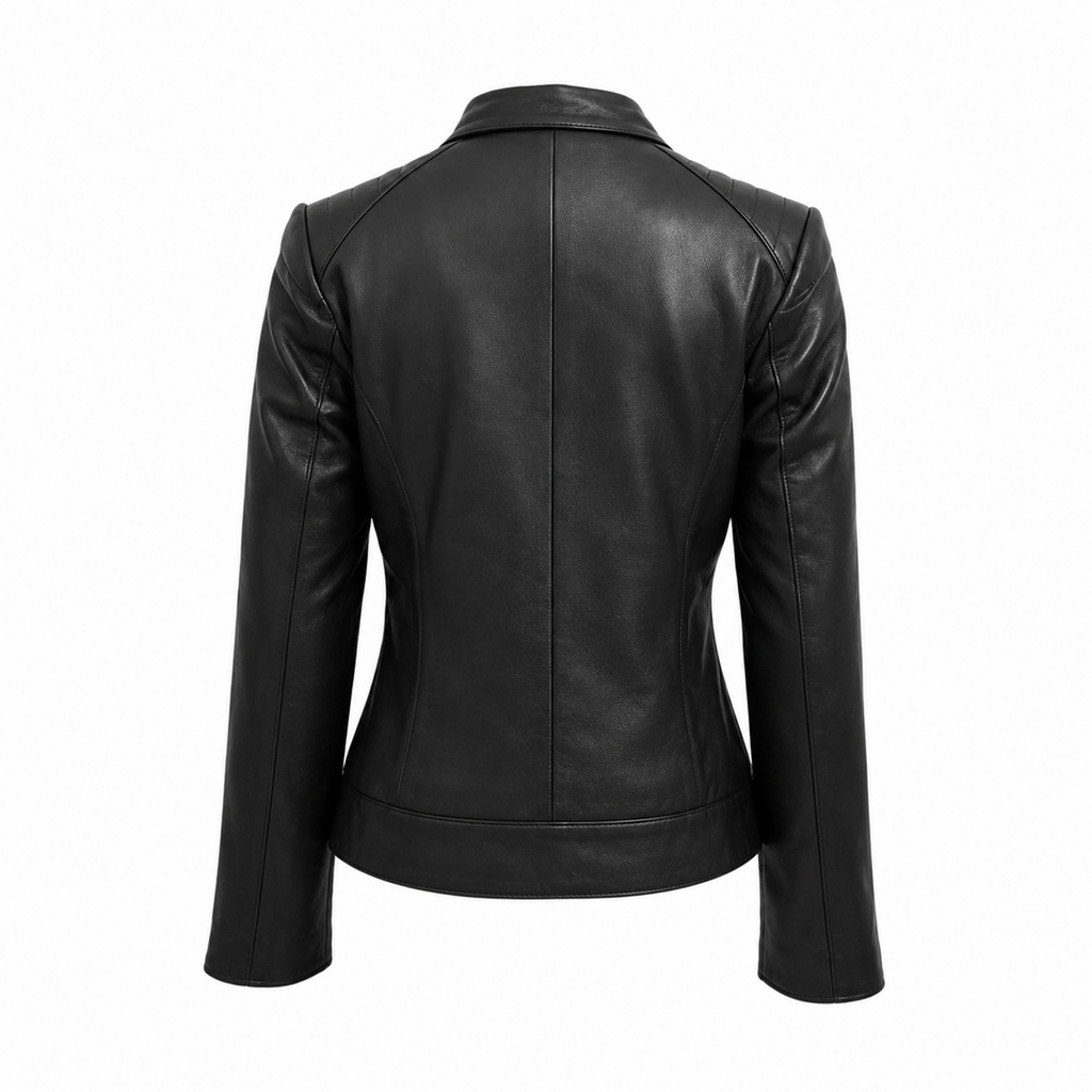 Women’s Black Zipper Biker Jacket with Lip Collar Leather
