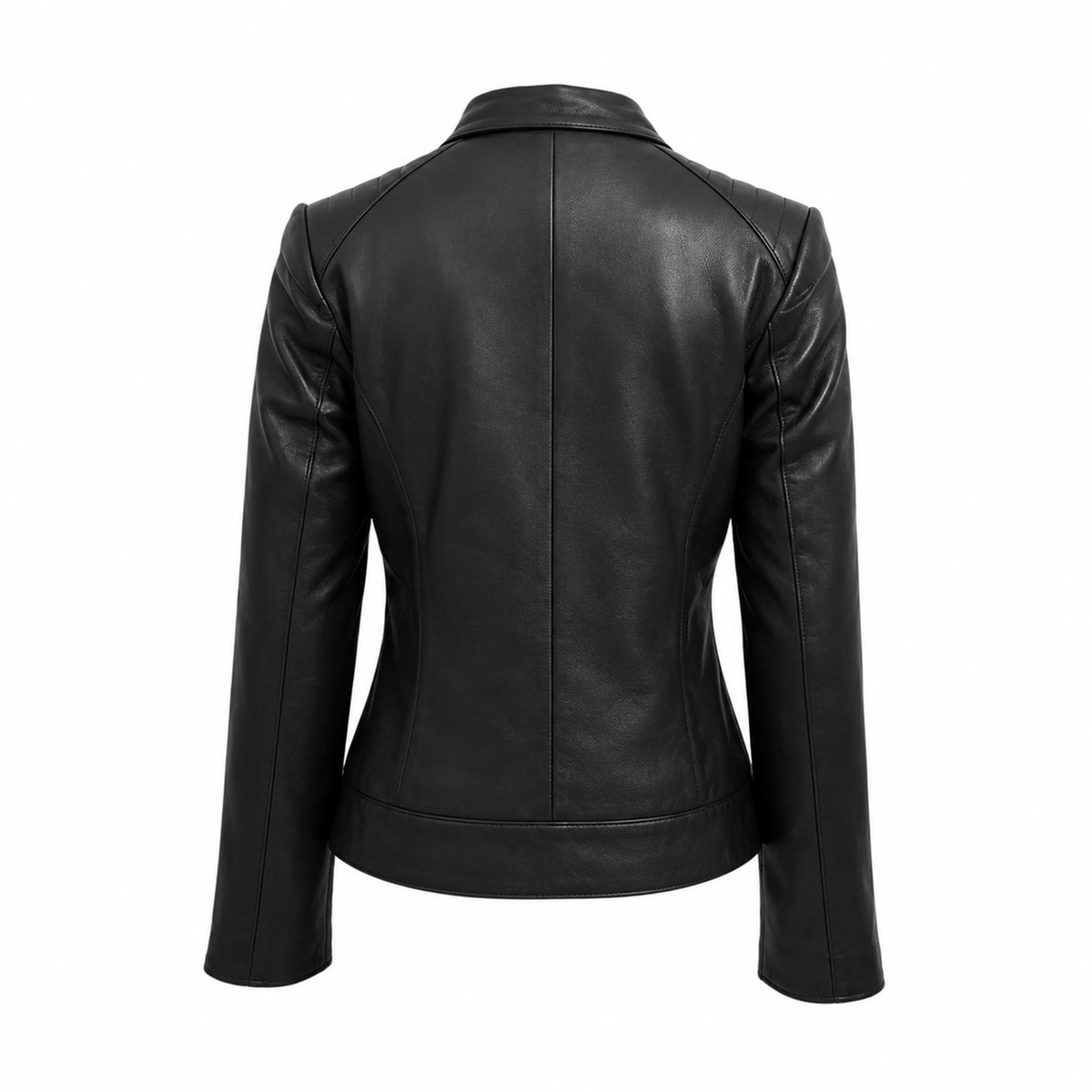 Women’s Black Zipper Biker Jacket with Lip Collar Leather