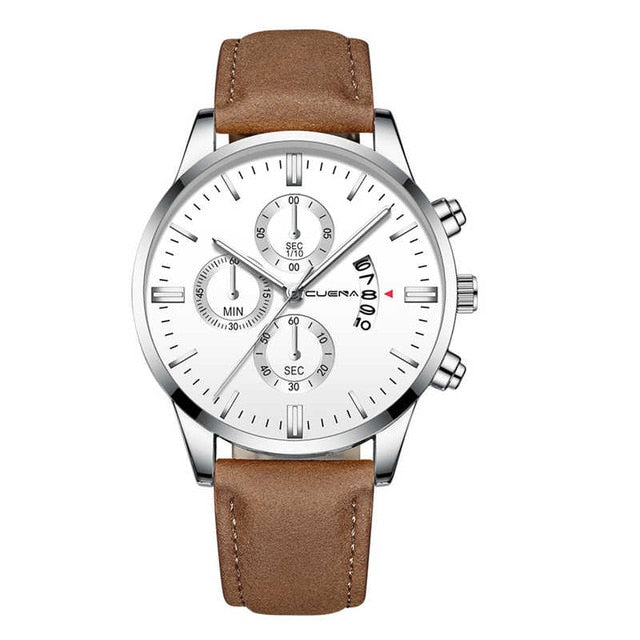 CUENA Fashion Men's Stainless Steel Watch Leather Band Analog Quartz Wrist Watch
