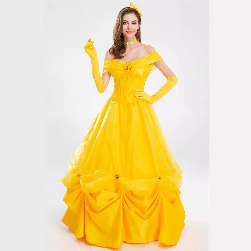 Beast Cosplay Belle Princess Yellow Dress for Women Adult Costume Stage Performance Dress