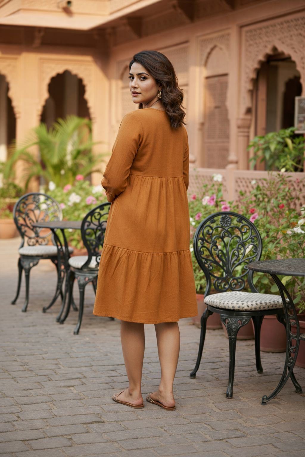 TAN TIERED LINEN DRESS-3