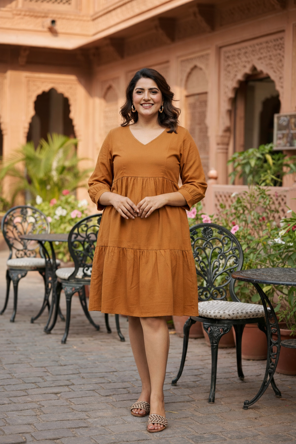 TAN TIERED LINEN DRESS-0