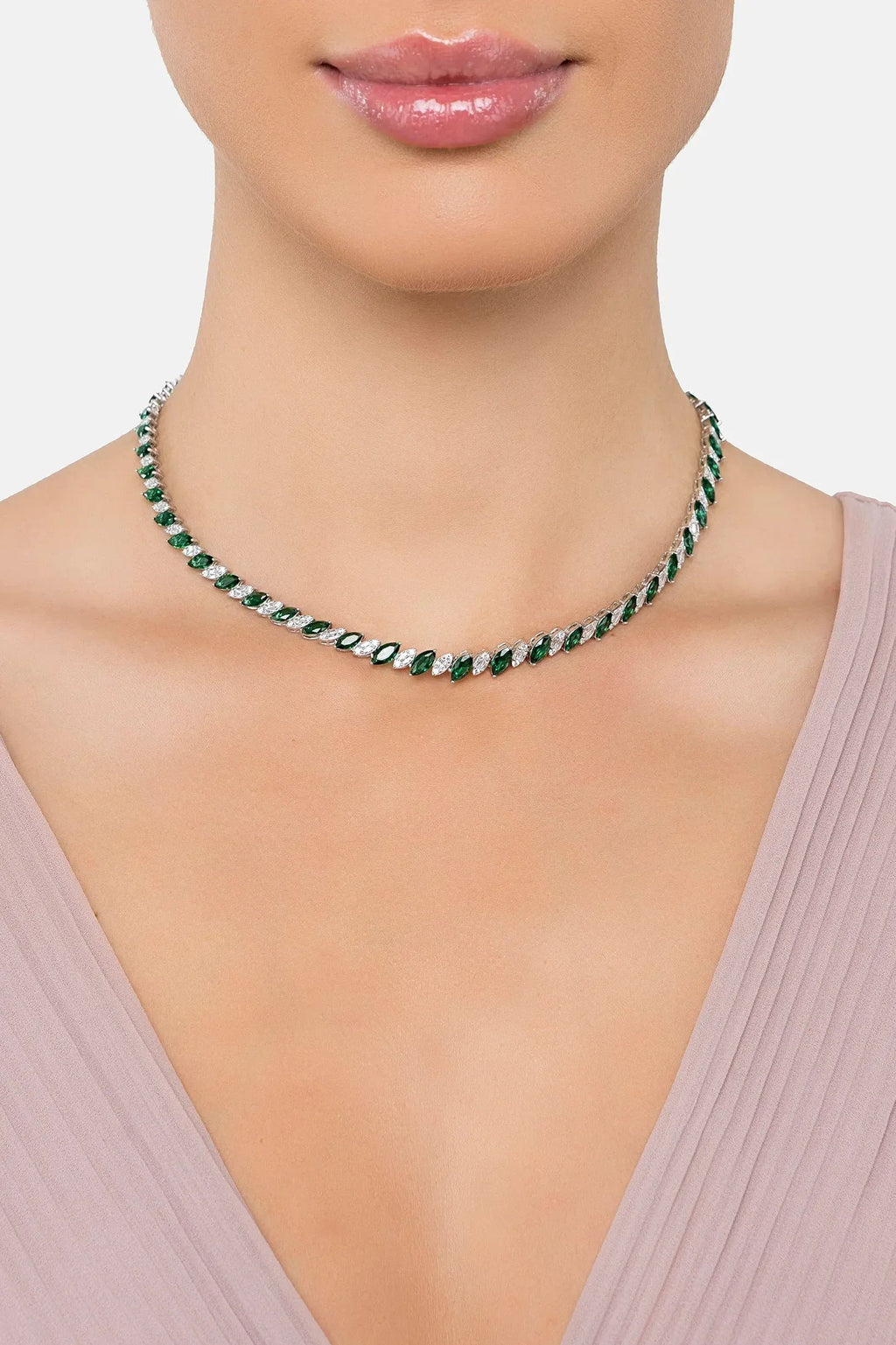 Viscountess Statement Tennis Necklace Emerald Silver