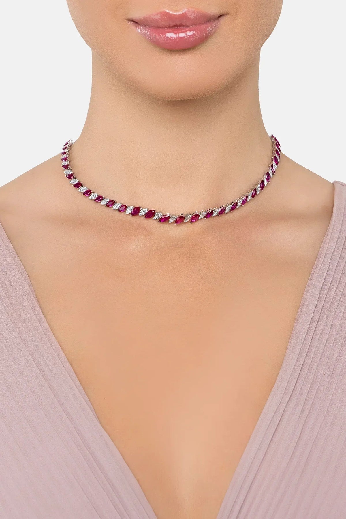 Viscountess Statement Tennis Necklace Ruby Silver