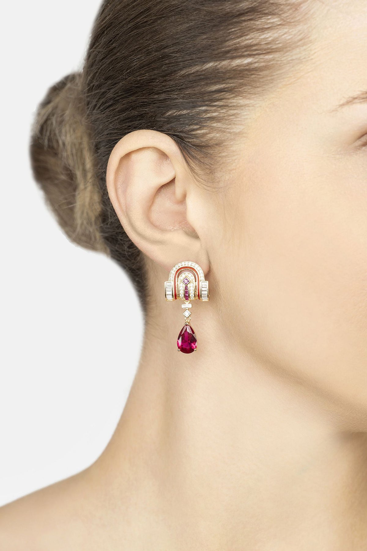 Savoy Art Deco  Drop Earrings Ruby Gold