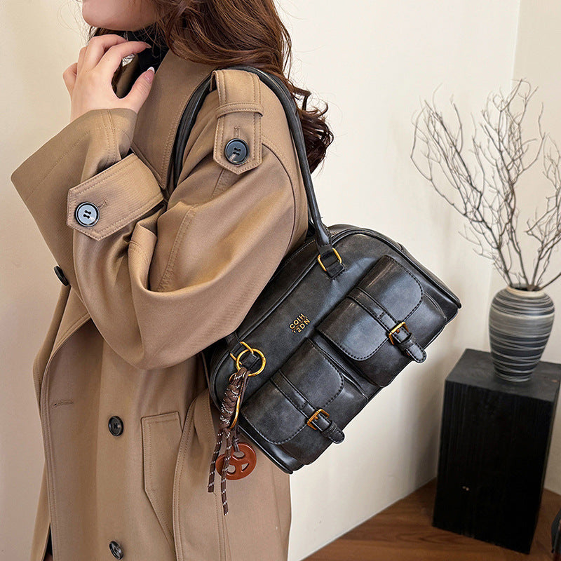 Korean-style Retro Shoulder Bag Fashion Trendy Casual Boston Bag Stylish Bowling Bag