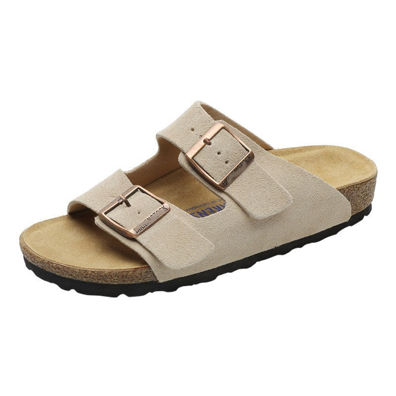 Leather flat bottomed Buchen slippers for women's doubles with button up two character slippers