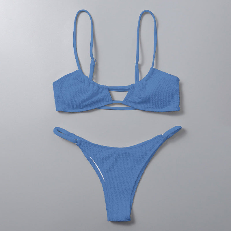 Sexy Solid Color Strappy Bikini Set with Thong Bottom for Women