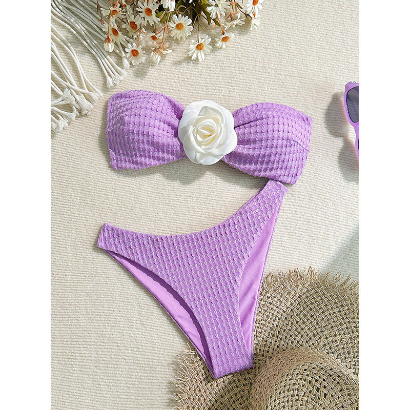 Solid Color Bikini with Embroidered Flowers, Two-Piece Swimsuit for Women