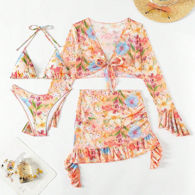 Printed Beach Dress Bikini 4-Piece Swimwear Set for Women