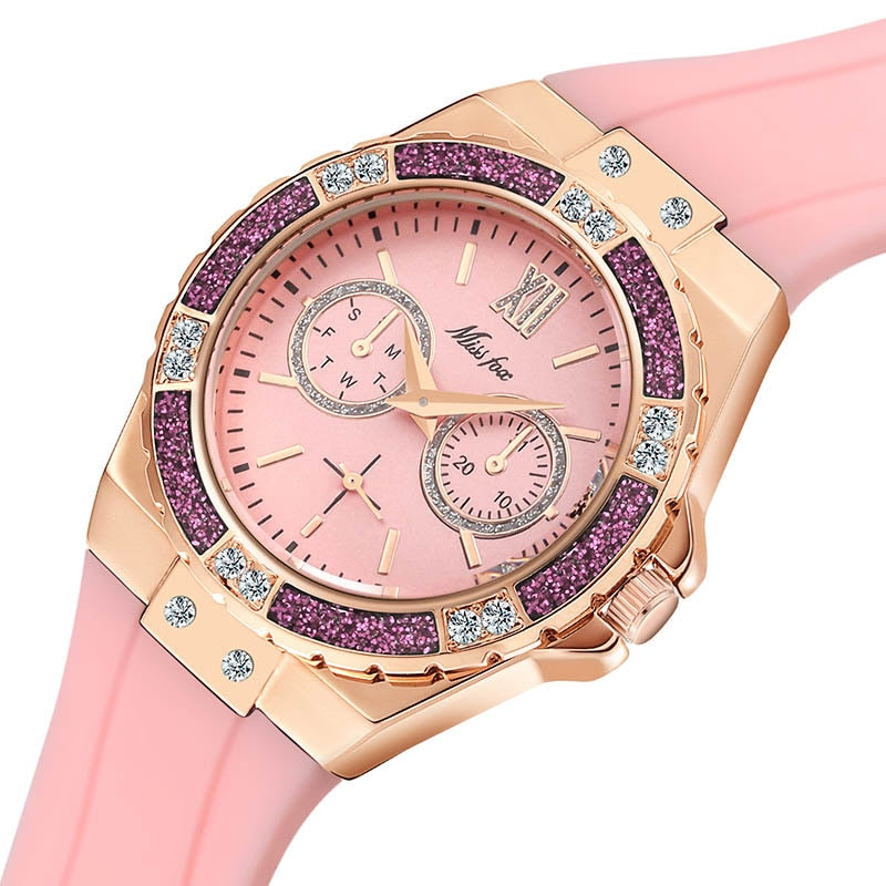 MISSFOX  2593 Women's Watches Chronograph Rose Gold Sport Watch Ladies Diamond Blue Rubber Band Xfcs Analog Female Quartz Wristwatch