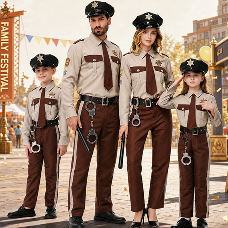 Parent-Child Police Chief Costume Set, Adult and Kids Matching Cosplay Role Play Outfit, Halloween Stage Performance Costume