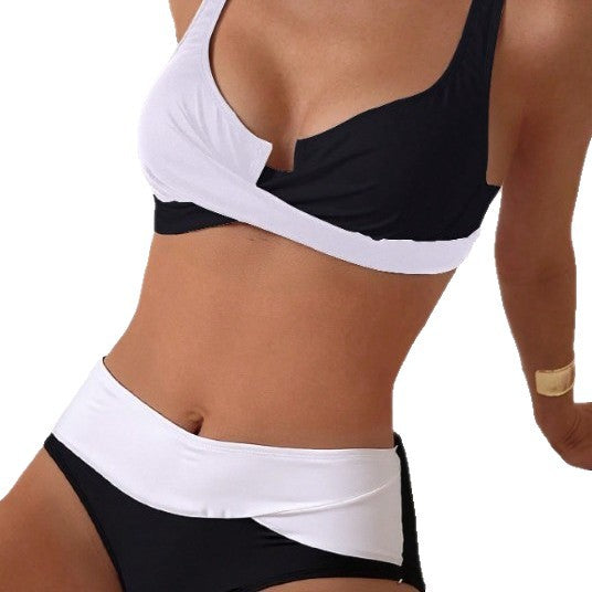 Black and white patchwork gathered cross chest cushion swimsuit