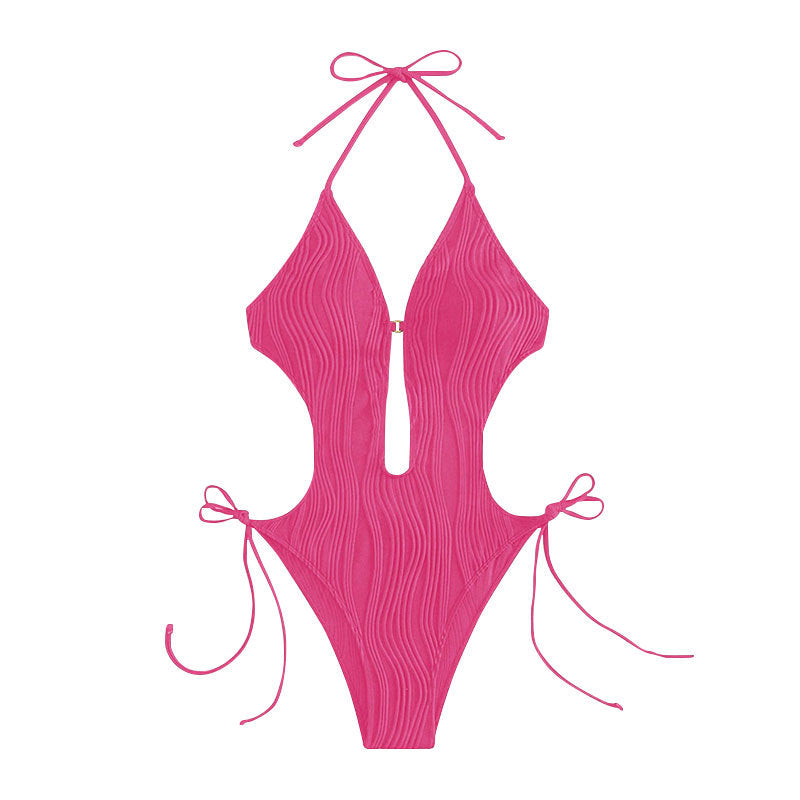 Solid Color Strappy Sexy High-Waisted Bikini Swimwear