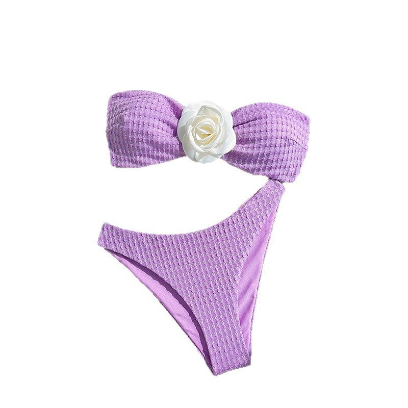 Solid Color Bikini with Embroidered Flowers, Two-Piece Swimsuit for Women