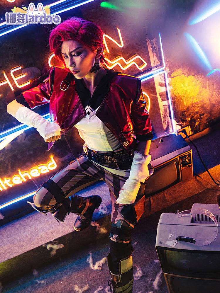 LOL Arcane Vi Cosplay Costume Anime Arcane LOL Vi Cosplay Women Halloween Costume Leather Outfit Full Set