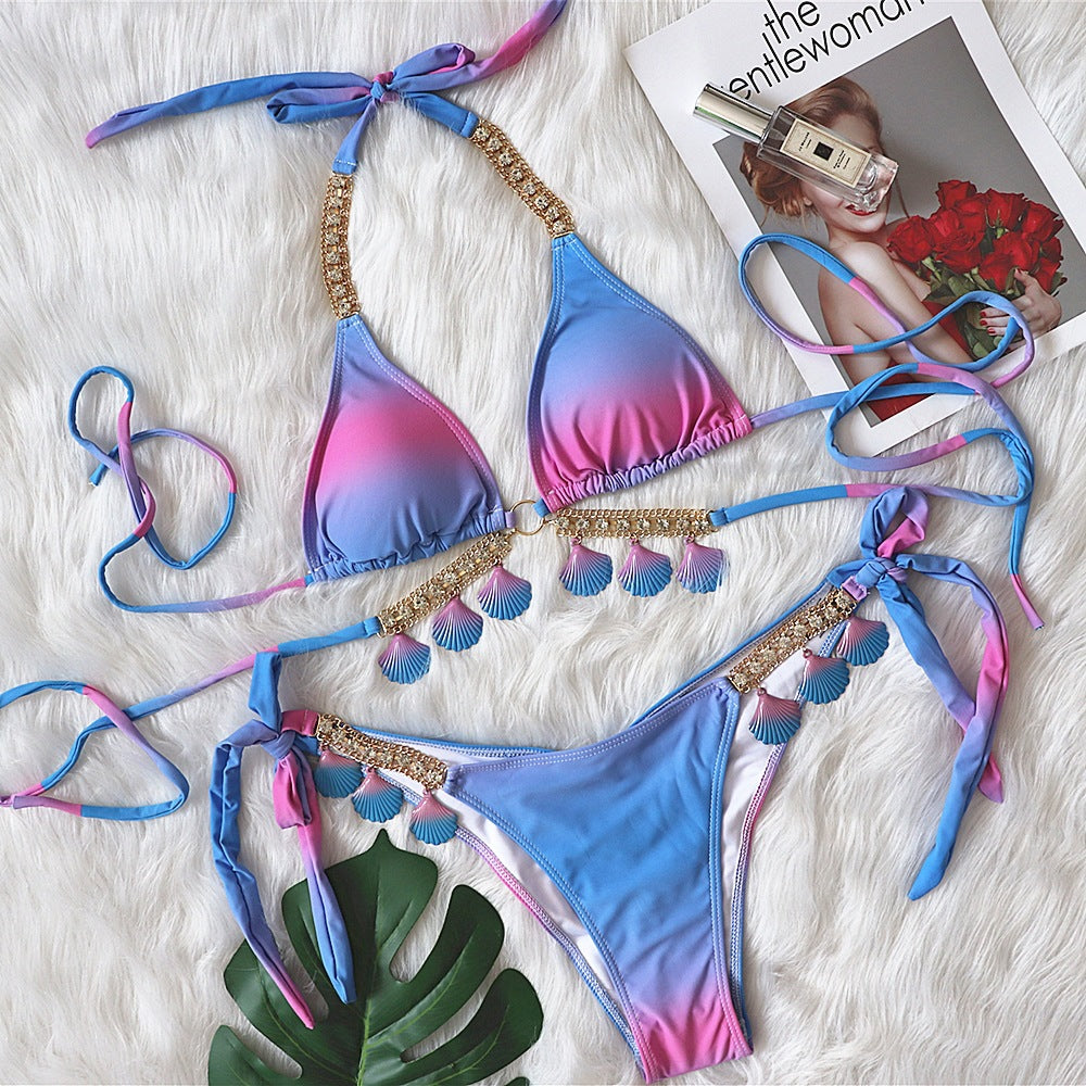 Strap gradient printed women's split swimsuit