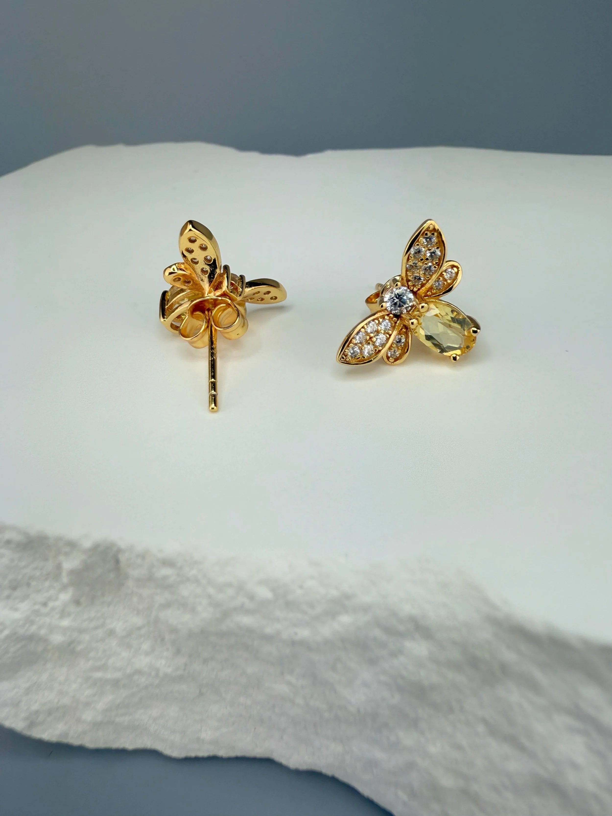 925 Sterling Silver Honey Bee Citrine Stud Earrings  18K Gold Plated