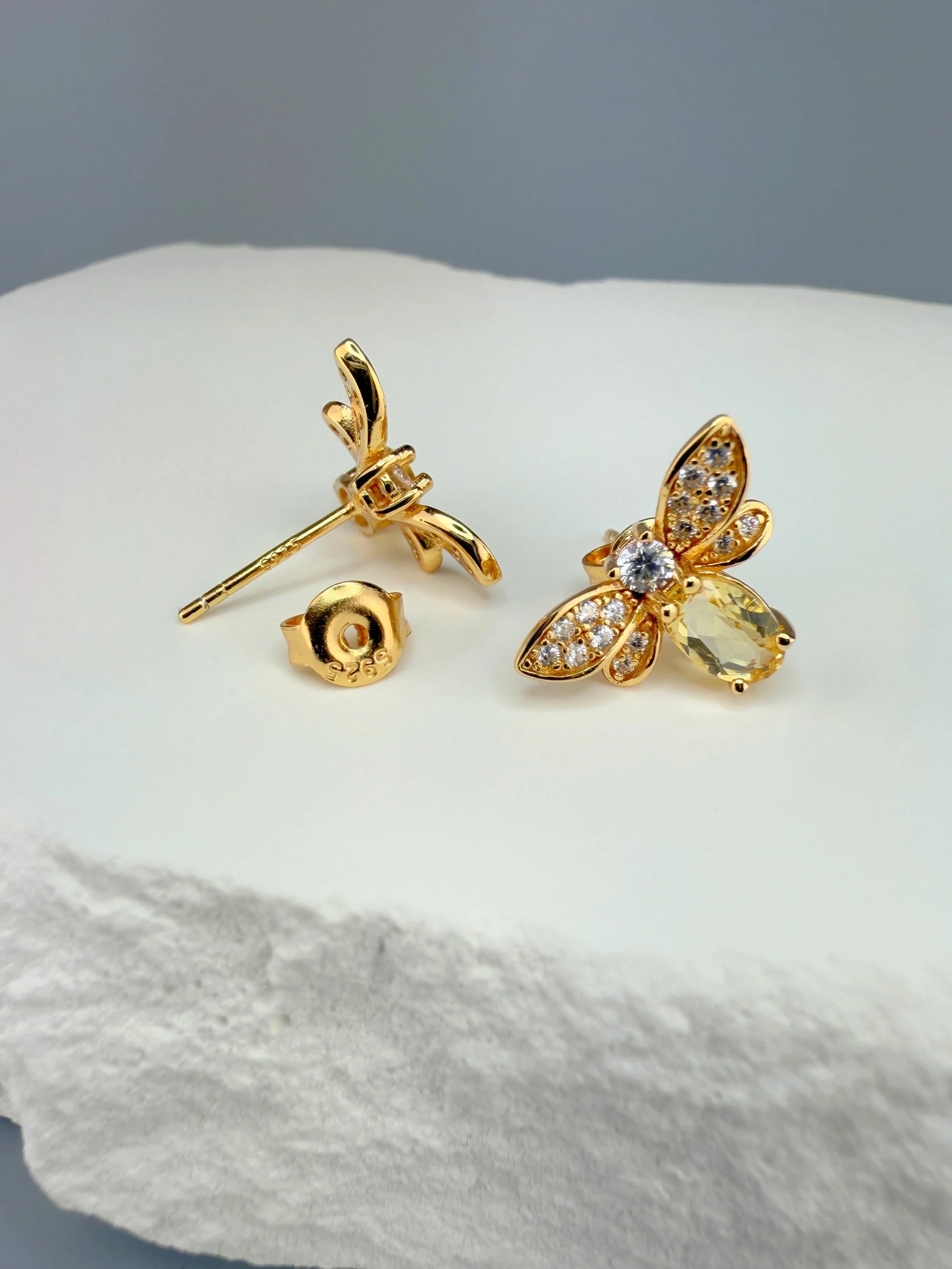 925 Sterling Silver Honey Bee Citrine Stud Earrings  18K Gold Plated