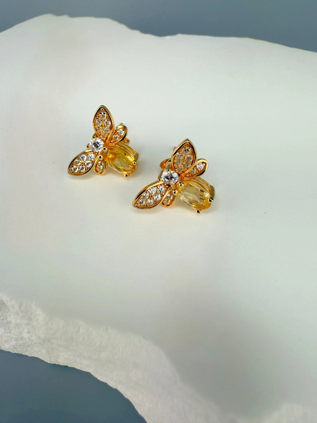 925 Sterling Silver Honey Bee Citrine Stud Earrings  18K Gold Plated