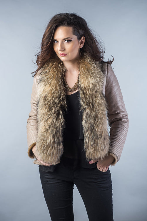 Beige Merino Shearling Jacket with Arctic Fox Fur Collar-0