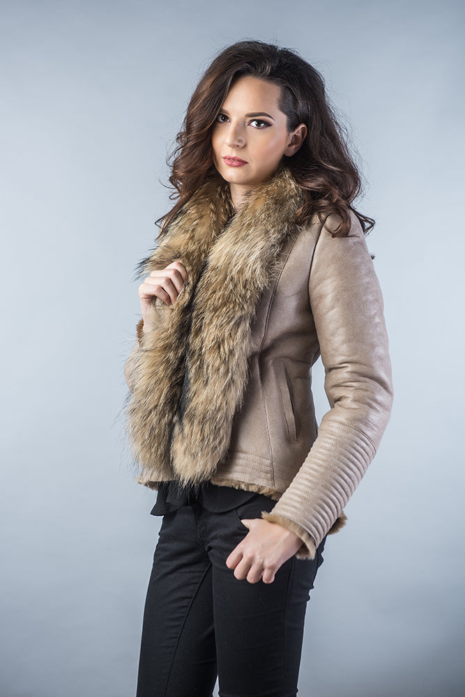 Beige Merino Shearling Jacket with Arctic Fox Fur Collar-1