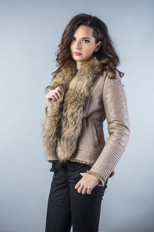 Beige Merino Shearling Jacket with Arctic Fox Fur Collar-1