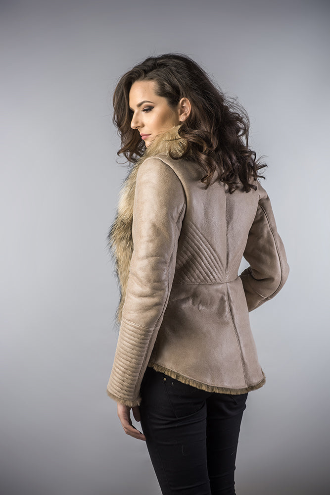 Beige Merino Shearling Jacket with Arctic Fox Fur Collar-2