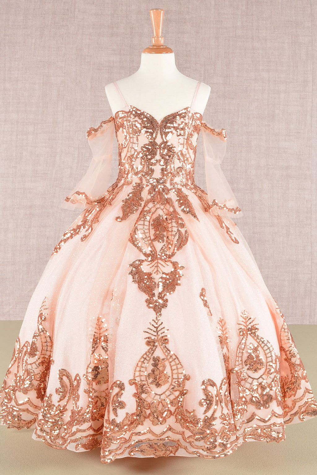 Glitter Sequin Embellished Mesh Kids Dress with Separate Mesh 3/4 Sleeves-0