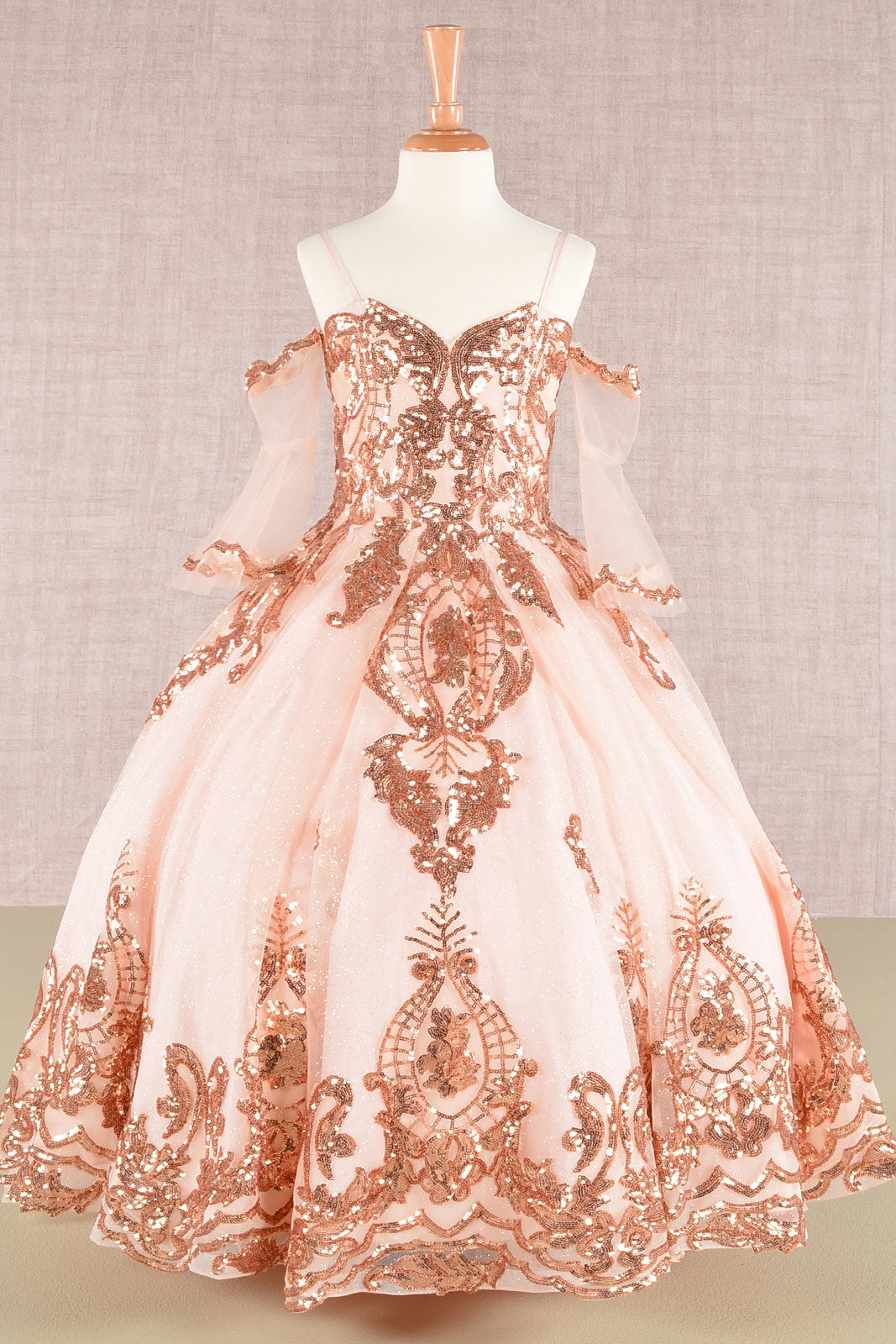 Glitter Sequin Embellished Mesh Kids Dress with Separate Mesh 3/4 Sleeves-0