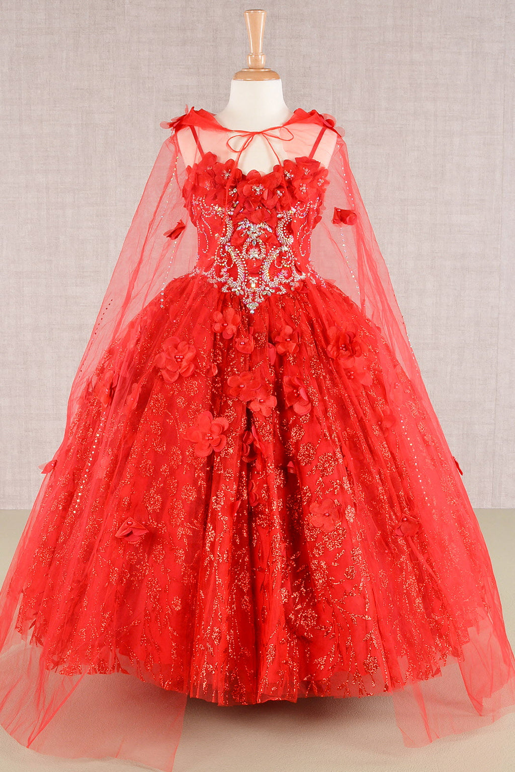 3D Flower Applique Jewel Mesh Kids Dress with Long Mesh Cloak-7