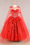 3D Flower Applique Jewel Mesh Kids Dress with Long Mesh Cloak-7