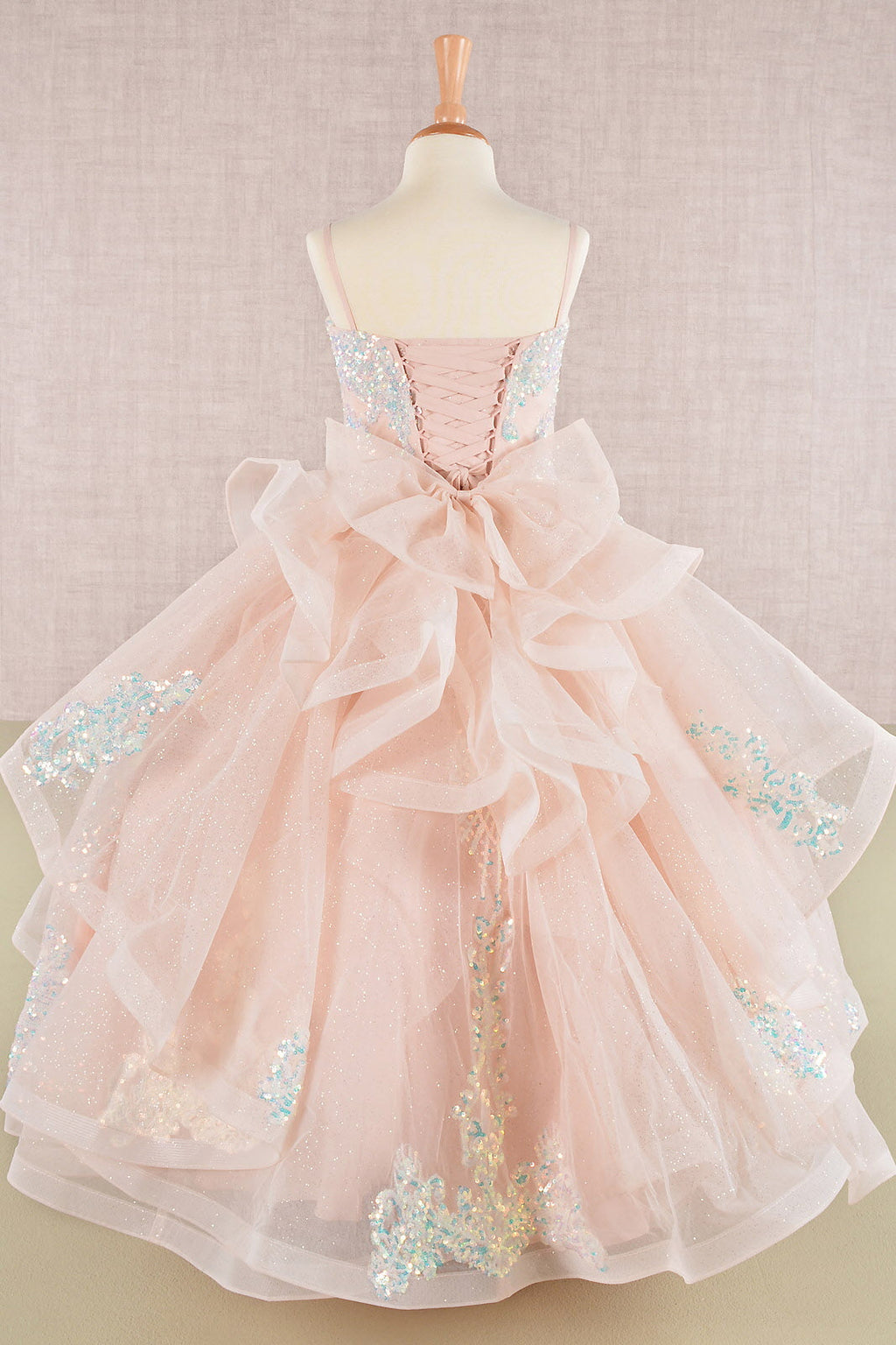 Spaghetti Strap Sequin Mesh Kids Dress with a Detachable Ribbon and Ruffled Back Skirt-1