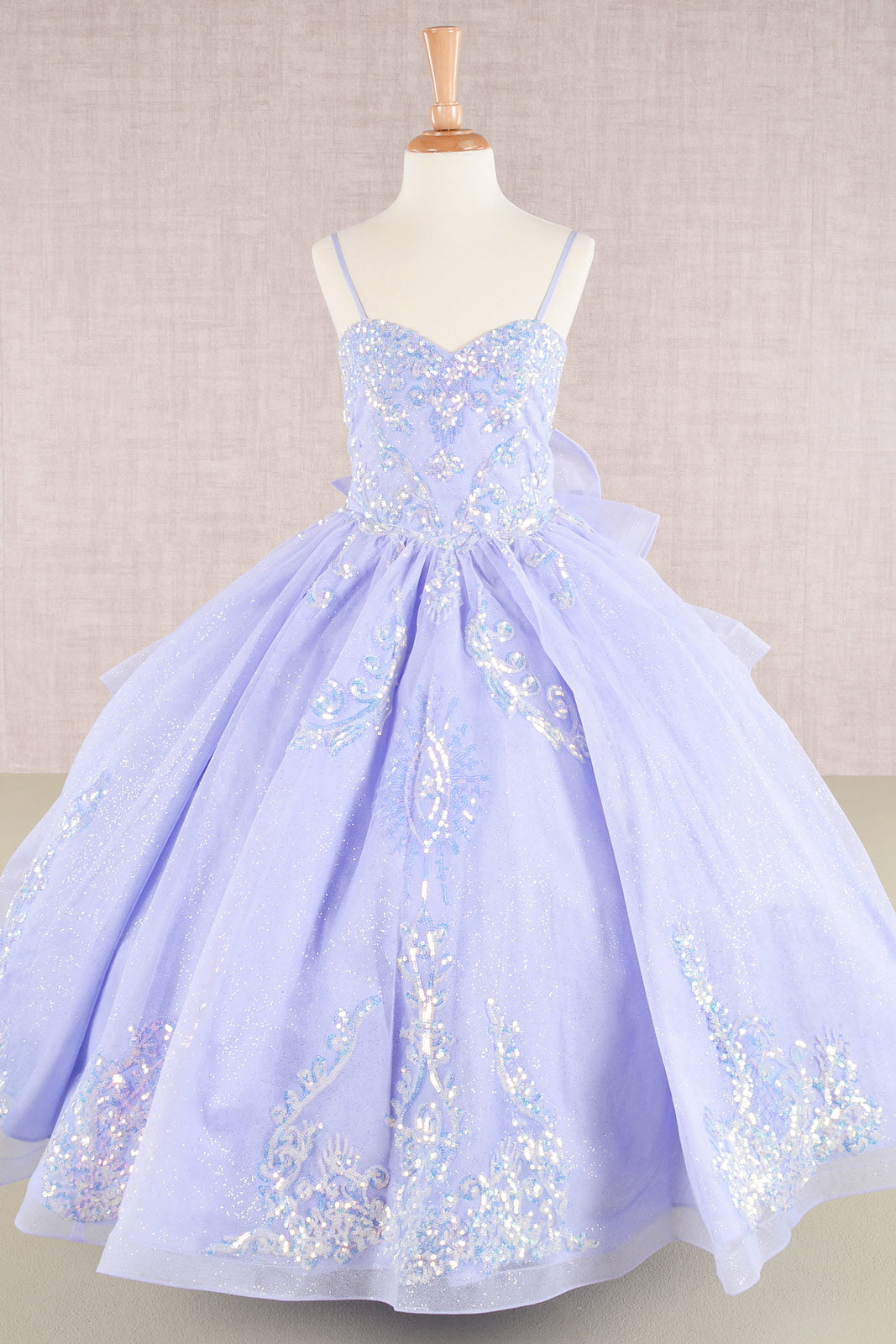 Spaghetti Strap Sequin Mesh Kids Dress with a Detachable Ribbon and Ruffled Back Skirt-4