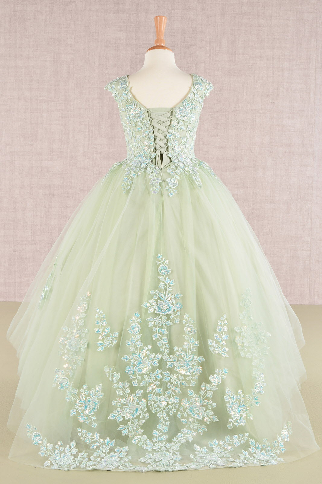 Sequin Embroidery Long Back Hem Mesh A-Line Kids Dress-5