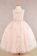 GK109 Floral Embroidery Embellished Ruched Bodice Mesh Kids Dress with Lace-up Back-0