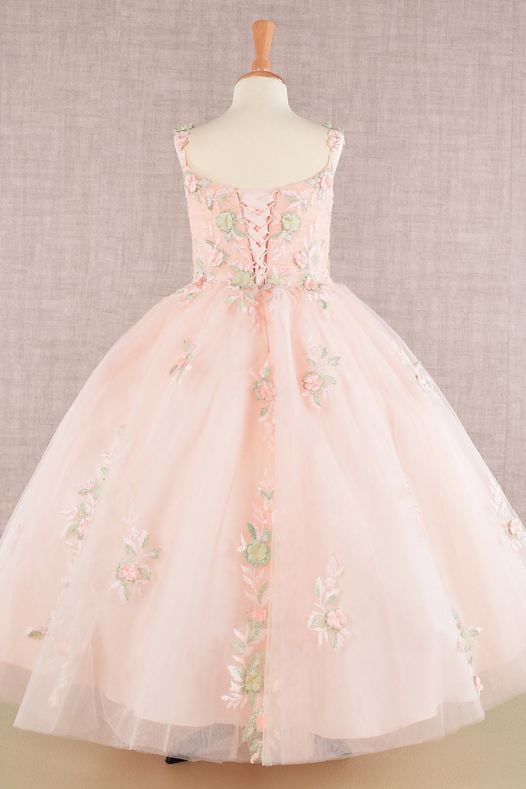GK109 Floral Embroidery Embellished Ruched Bodice Mesh Kids Dress with Lace-up Back-1