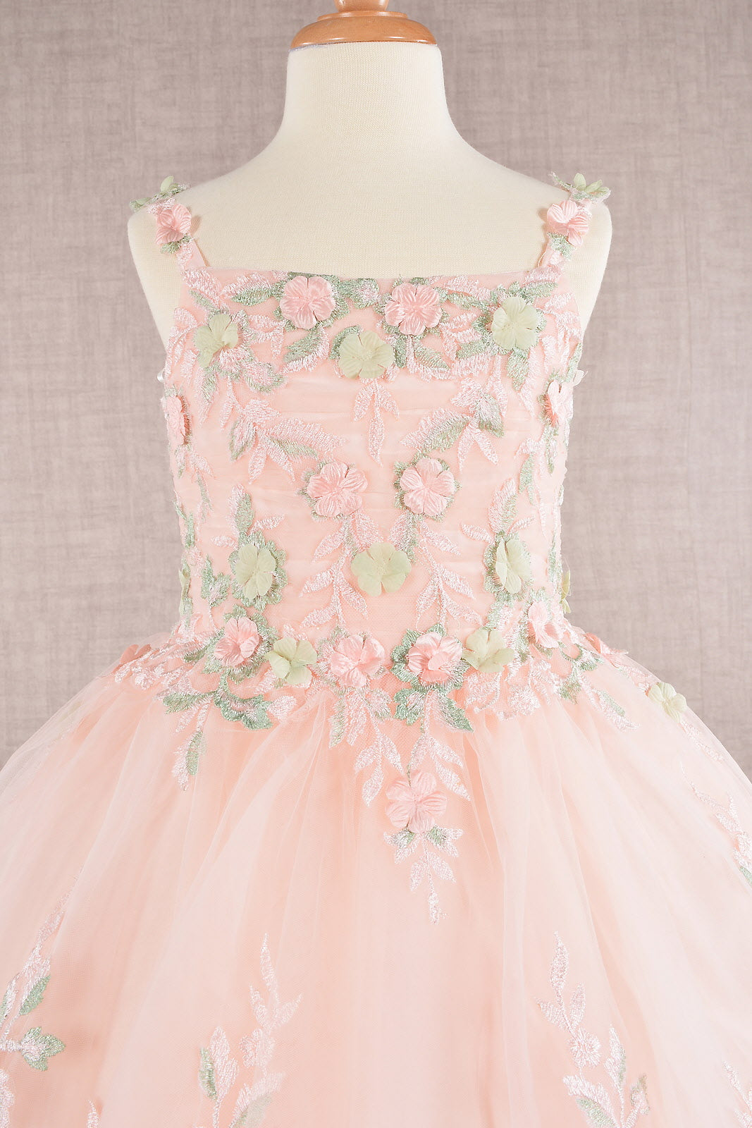 GK109 Floral Embroidery Embellished Ruched Bodice Mesh Kids Dress with Lace-up Back-2