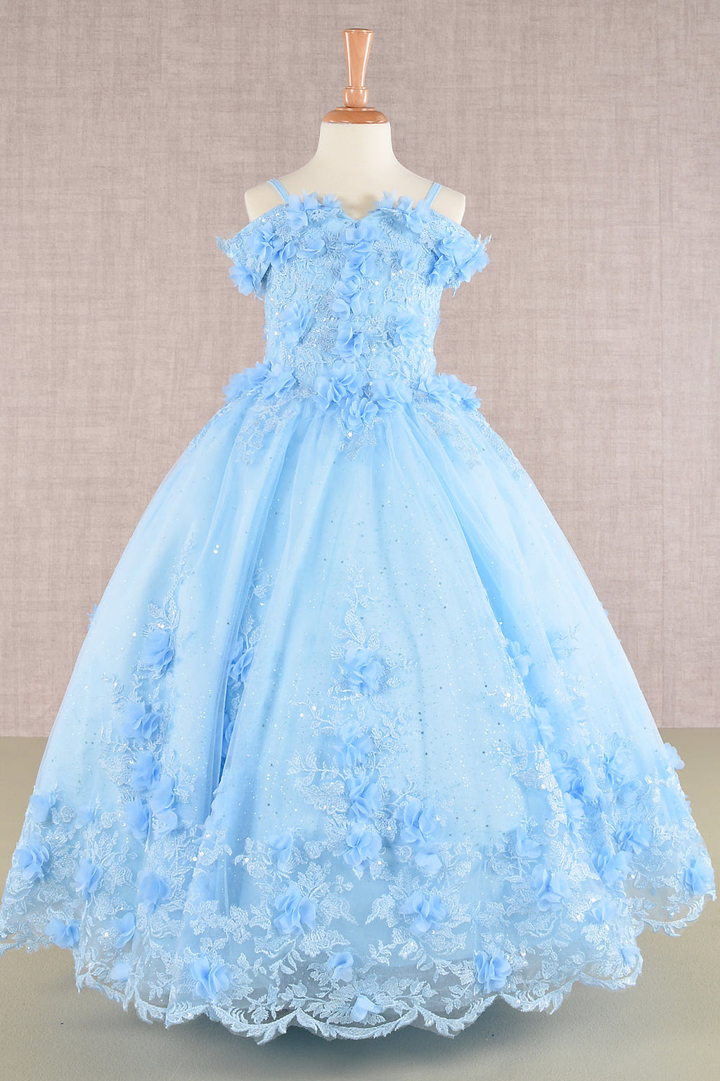 3D Floral Applique Embellished Glitter Embroidery Mesh Kids Dress-1