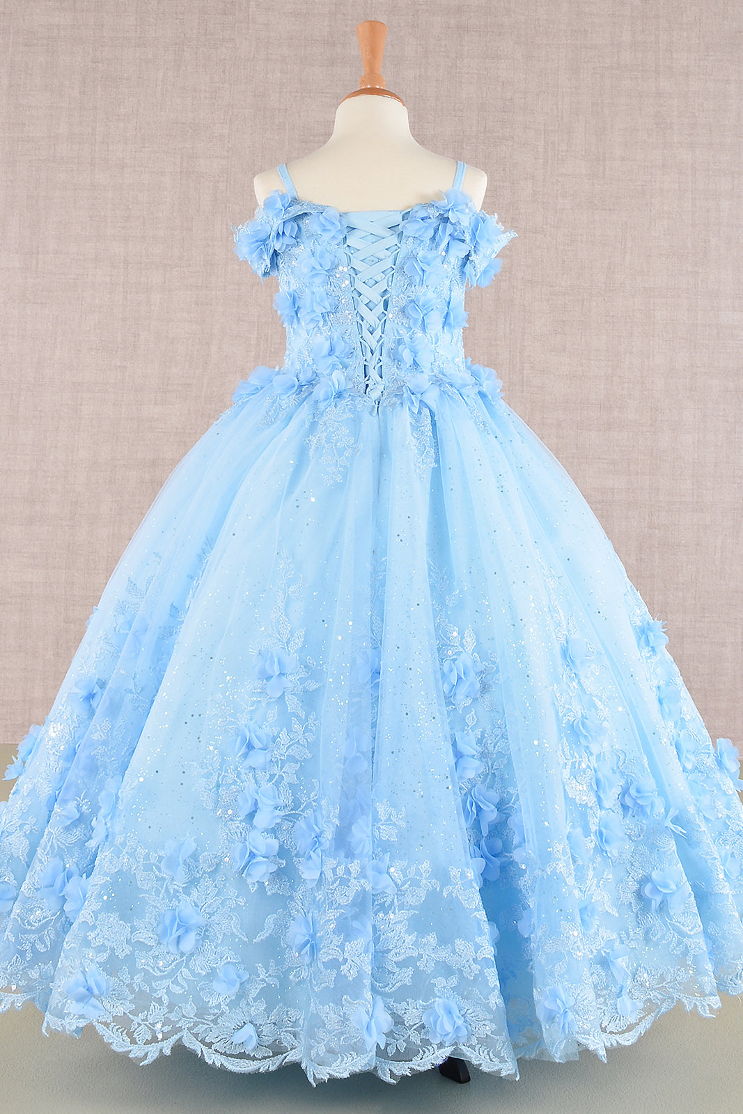 3D Floral Applique Embellished Glitter Embroidery Mesh Kids Dress-2