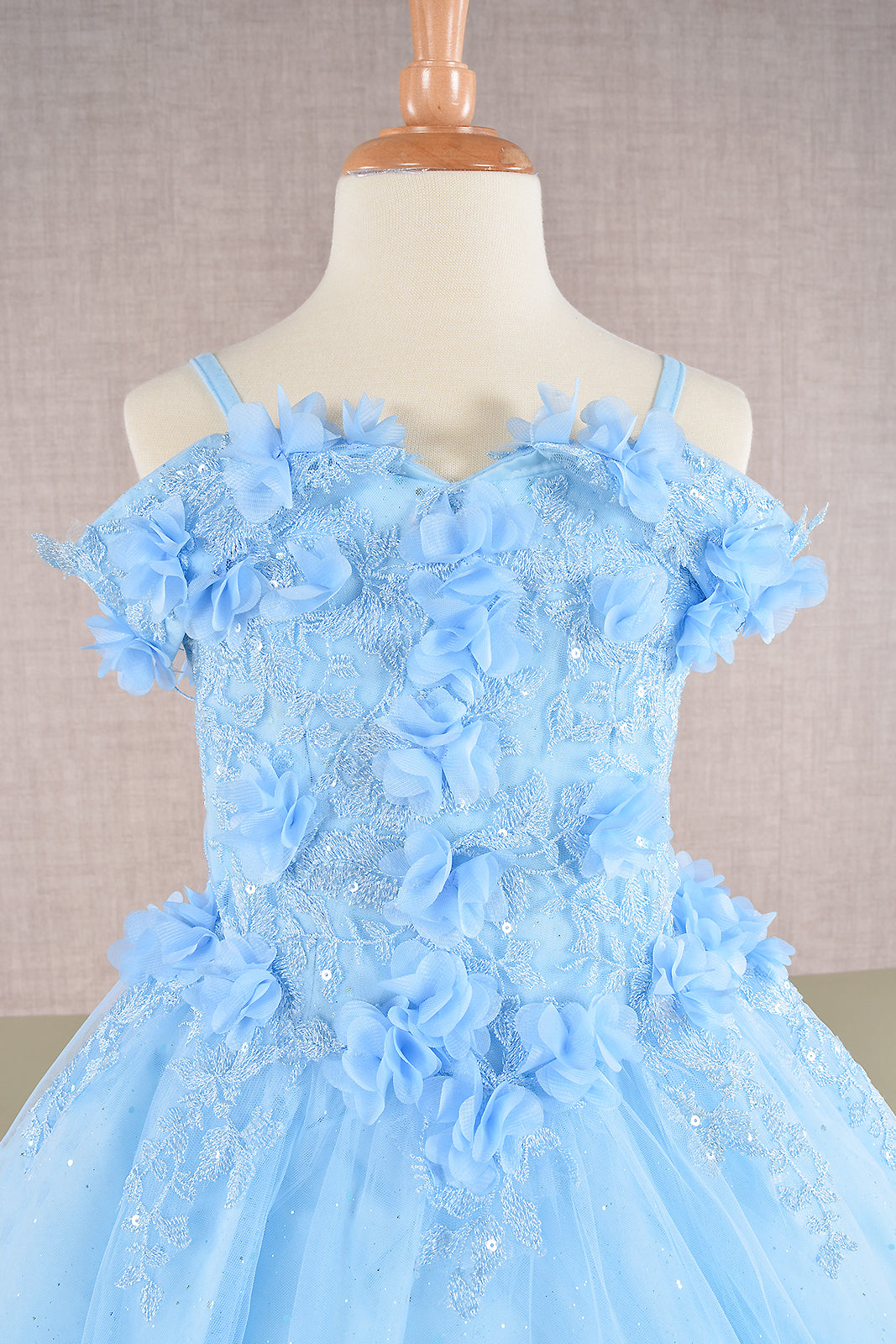 3D Floral Applique Embellished Glitter Embroidery Mesh Kids Dress-3