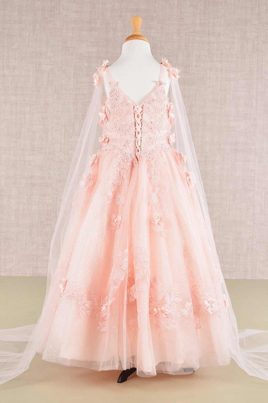 Floral Applique Glitter Mesh Kids Dress with Detachable Side Mesh Drape-1