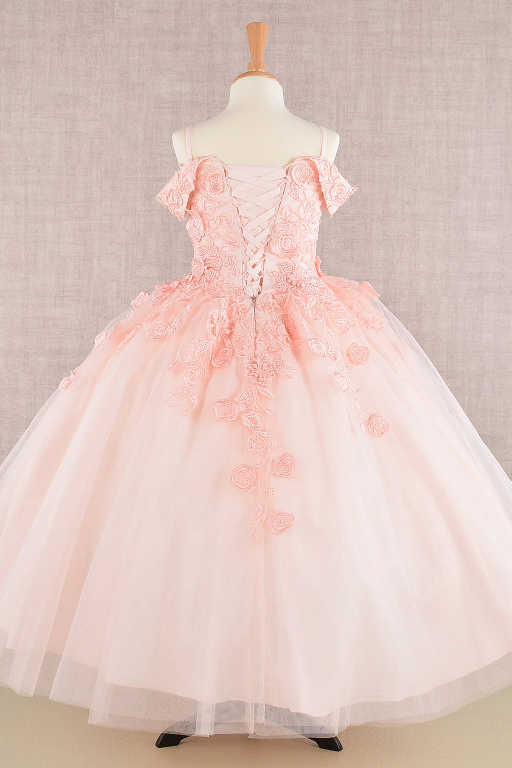 Floral Embroidery Embellished Cut-Away Shoulder Kids Dress-1