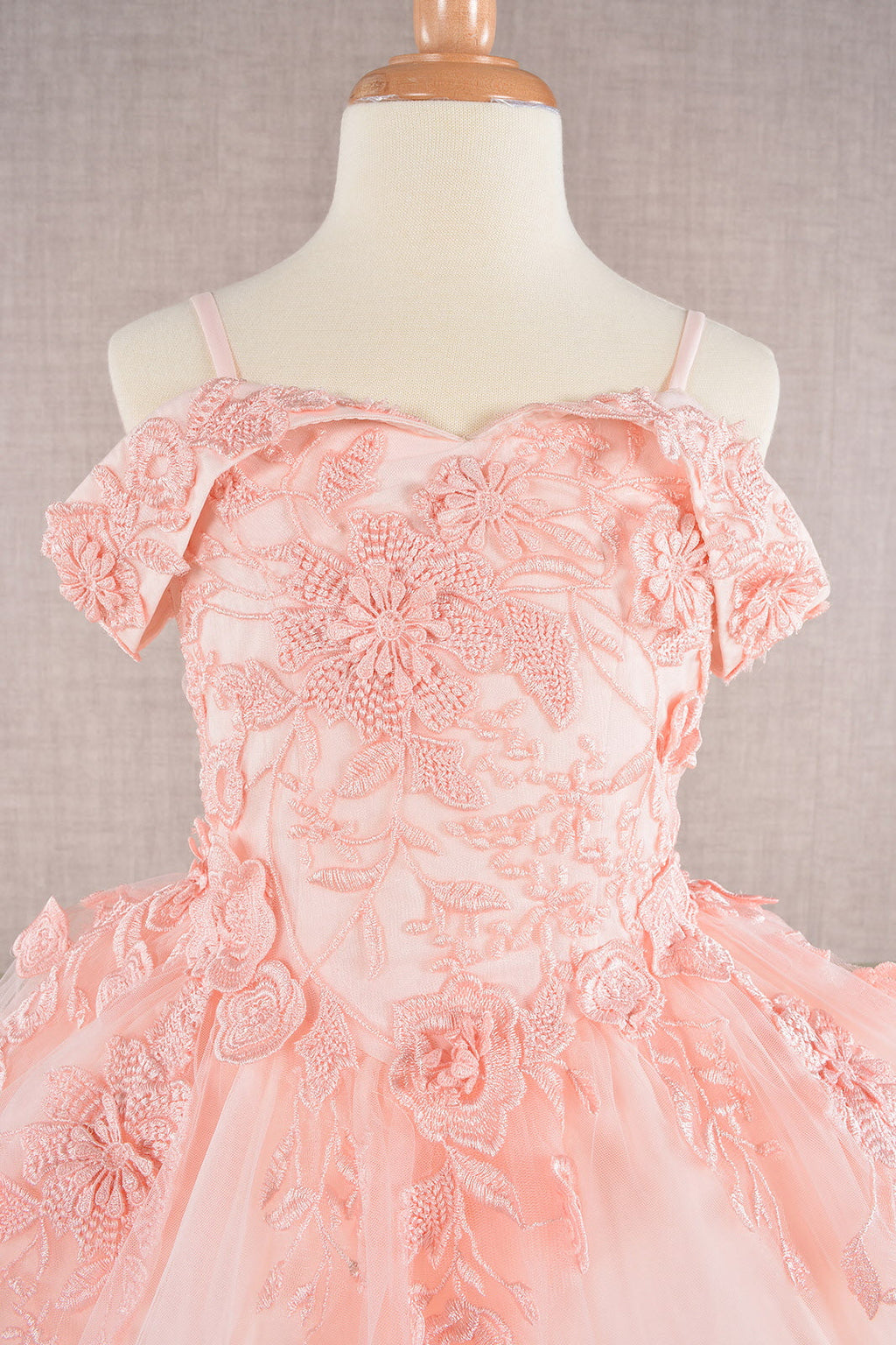 Floral Embroidery Embellished Cut-Away Shoulder Kids Dress-2